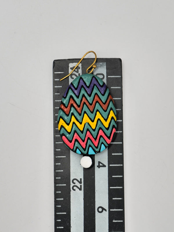 Handmade Earthen Clay Zig-Zag Oval Drop Earrings with Brass Hooks