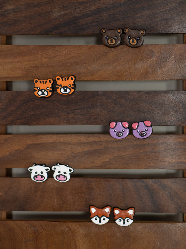 Handmade Earthen Clay Animal Stud Earrings- Fox