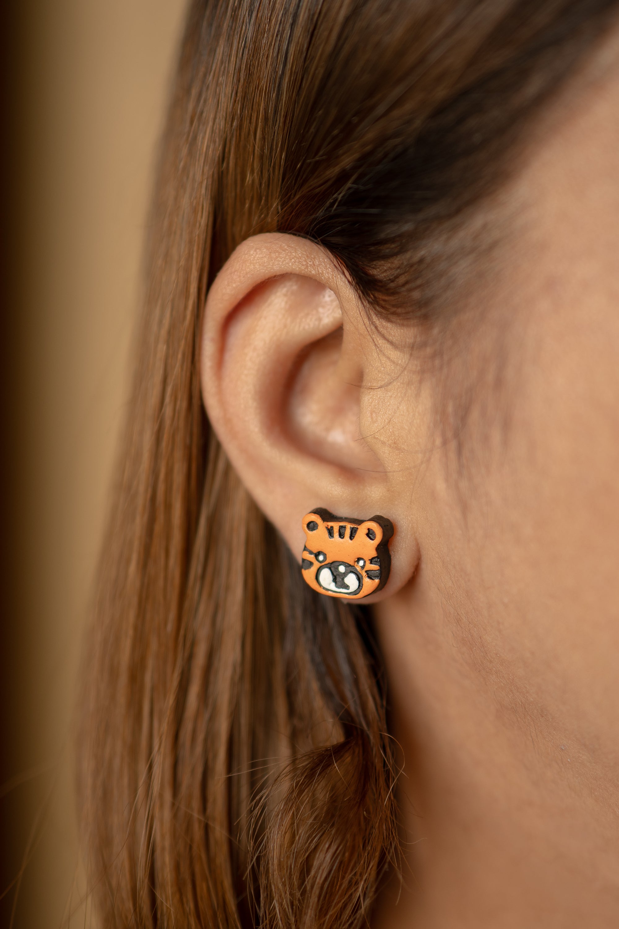 Handmade Earthen Clay Animal Stud Earrings- Lion