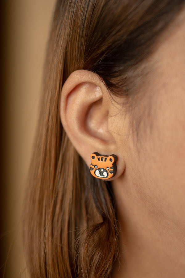 Handmade Earthen Clay Animal Stud Earrings- Lion