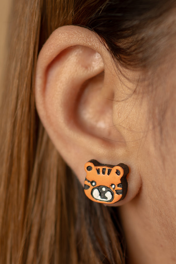 Handmade Earthen Clay Animal Stud Earrings- Lion