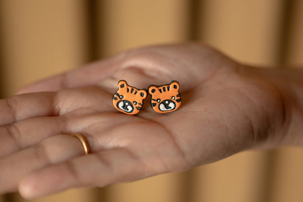 Handmade Earthen Clay Animal Stud Earrings- Lion