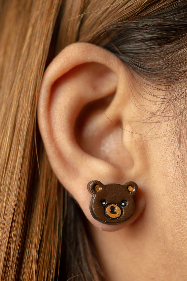 Handmade Earthen Clay Animal Stud Earrings- Bear