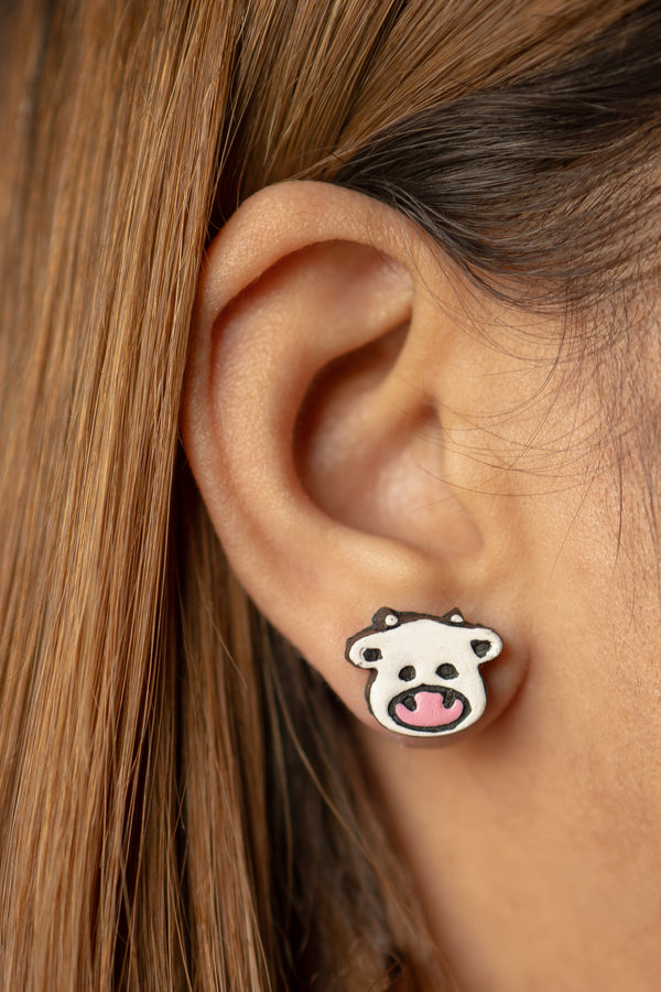 Handmade Earthen Clay Animal Stud Earrings- Cow