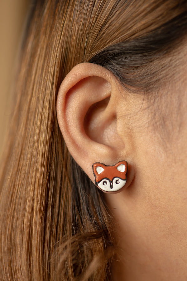 Handmade Earthen Clay Animal Stud Earrings- Fox