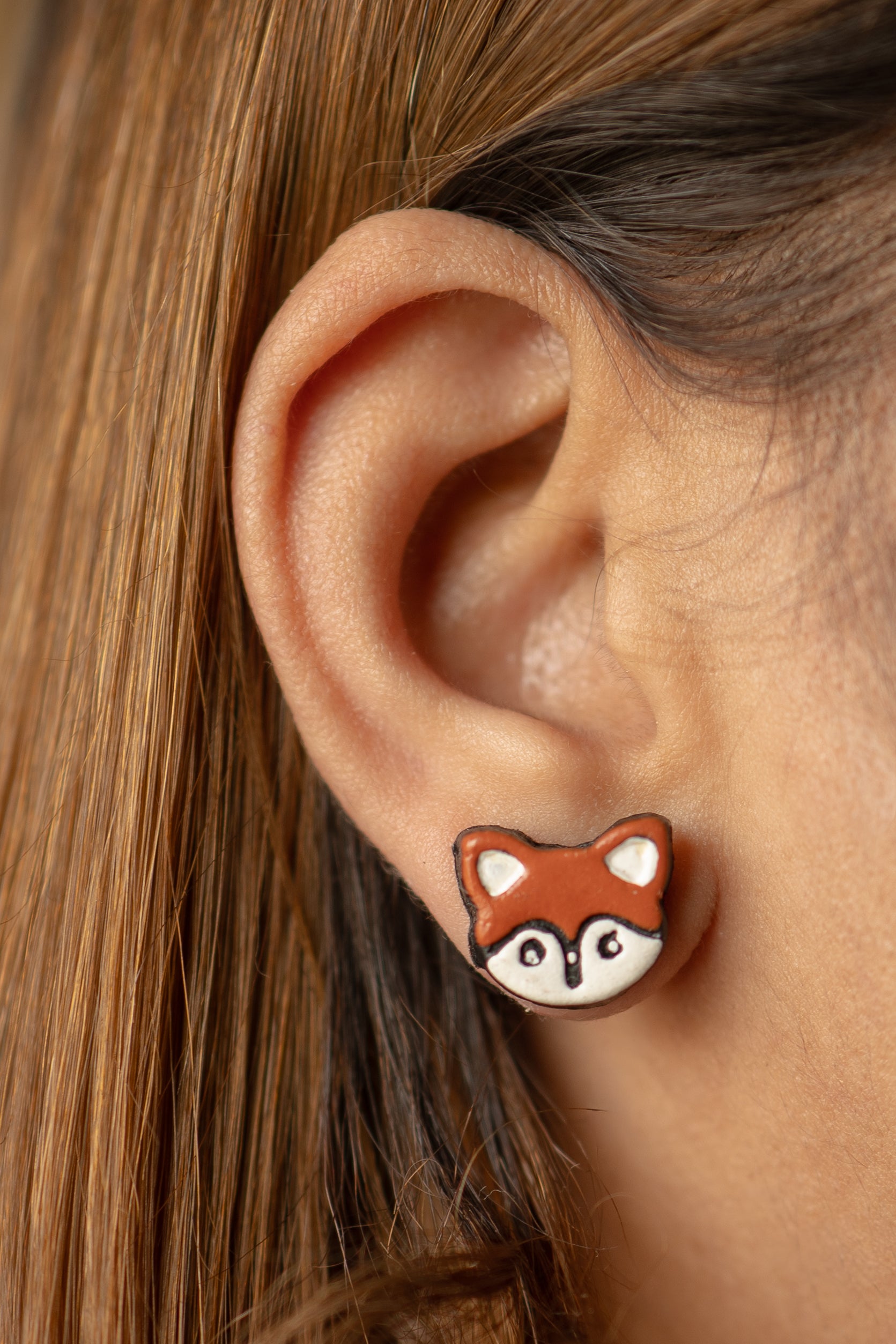 Handmade Earthen Clay Animal Stud Earrings- Fox