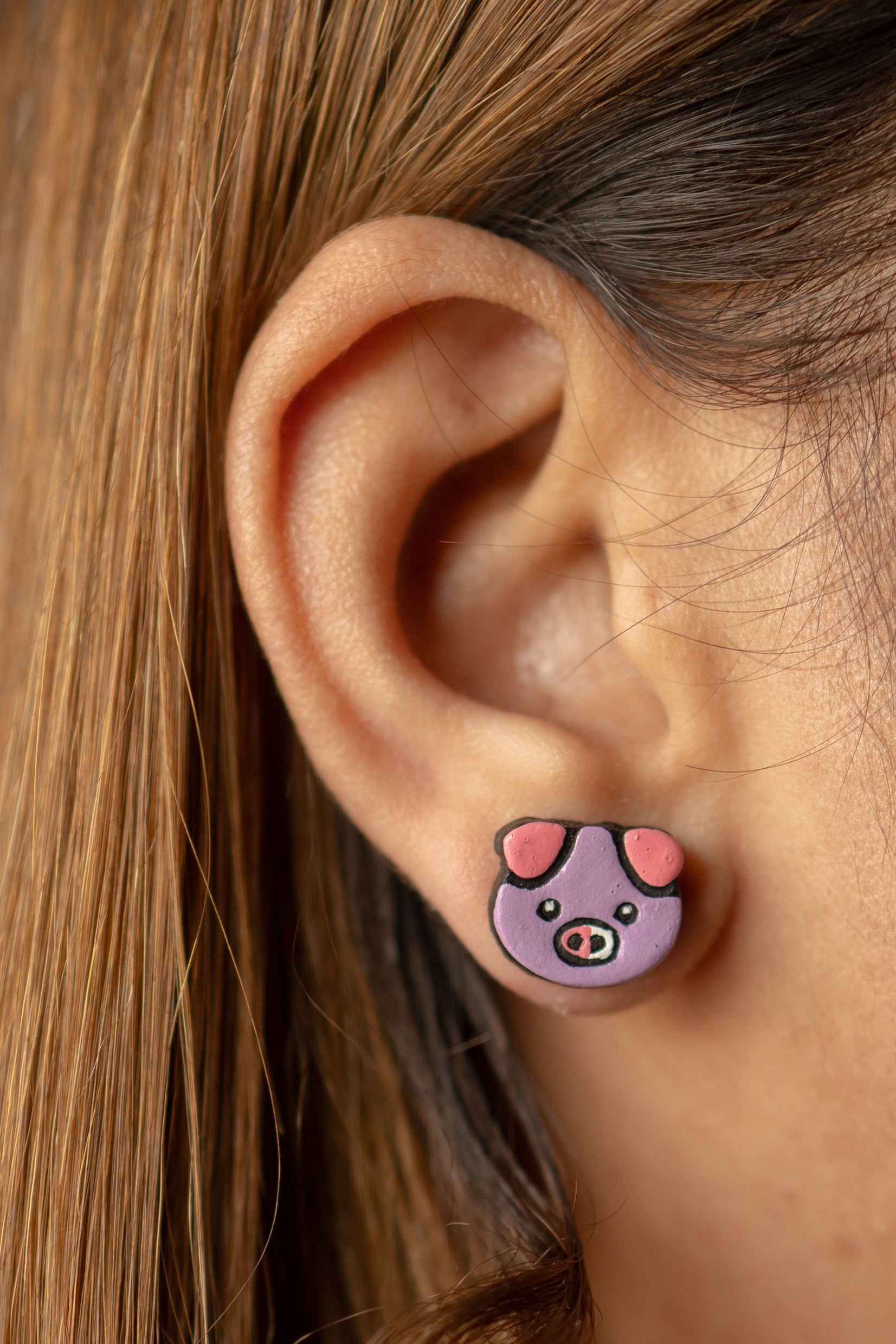 Handmade Earthen Clay Animal Stud Earrings- Pig