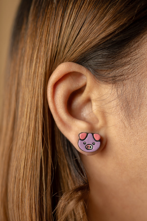 Handmade Earthen Clay Animal Stud Earrings- Pig