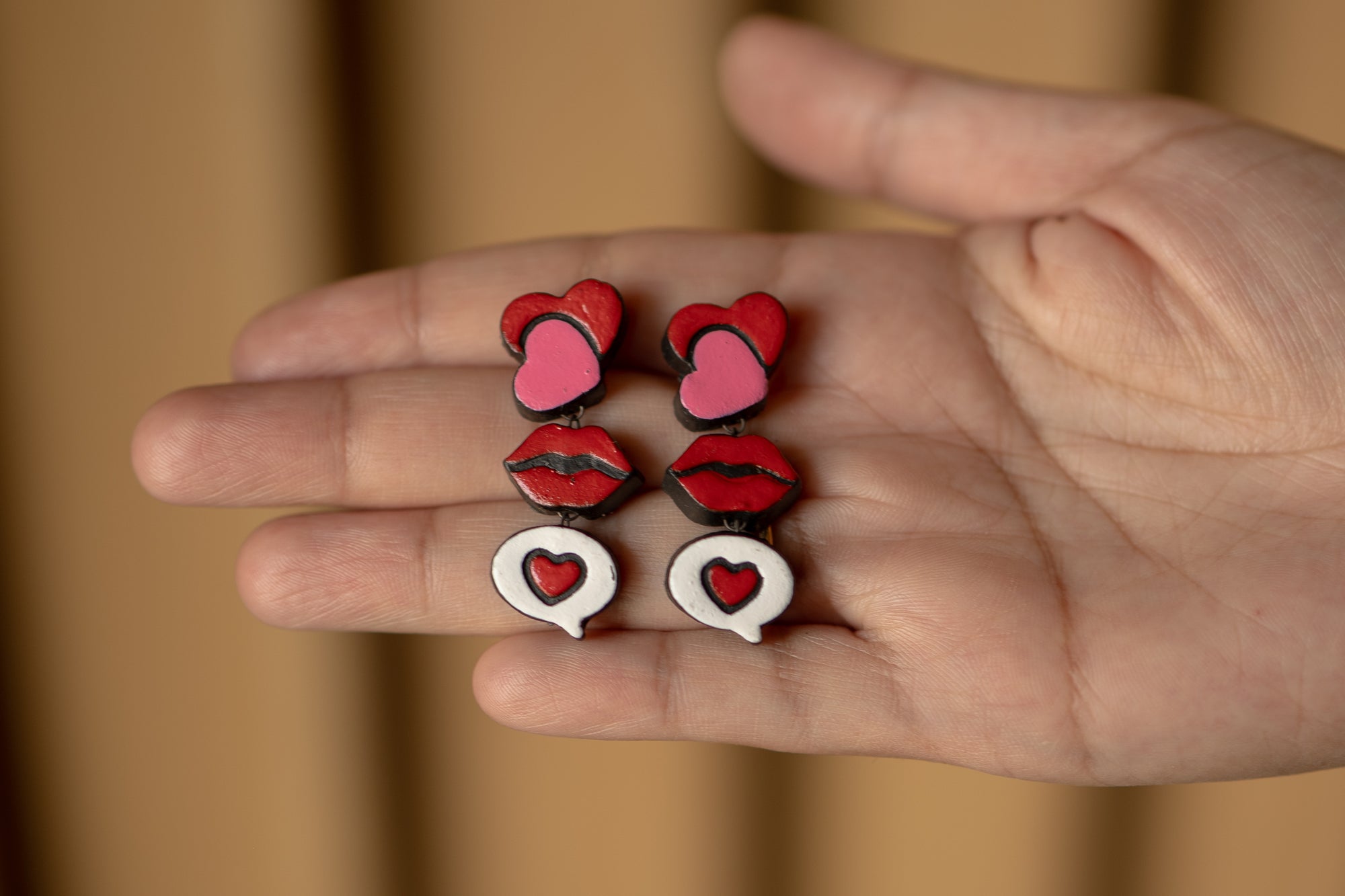 Handmade Earthen Clay Lips Stud Earrings with Brass Fittings