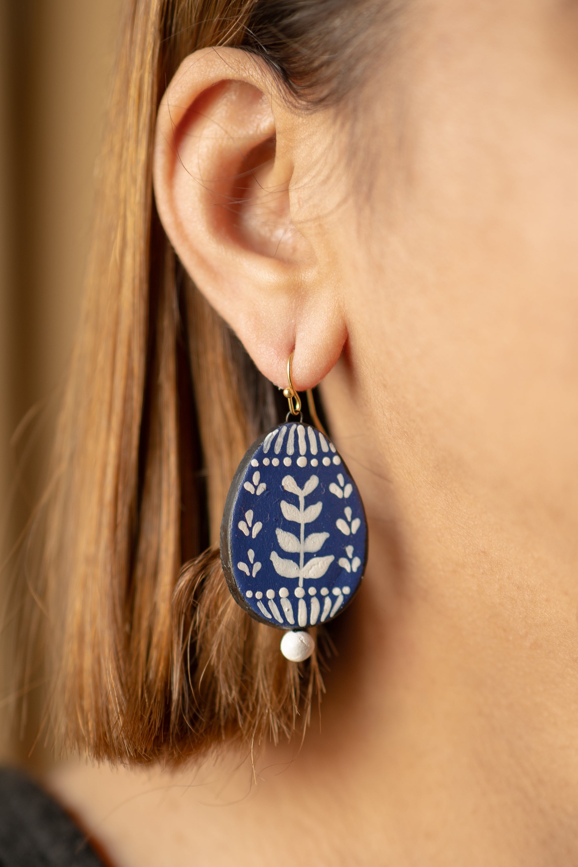 The Indigo Bloom Dangles | Handmade Earthen Clay with Brass Hooks