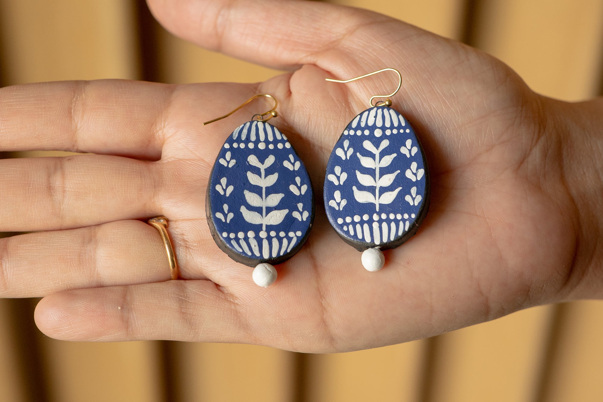 The Indigo Bloom Dangles | Handmade Earthen Clay with Brass Hooks