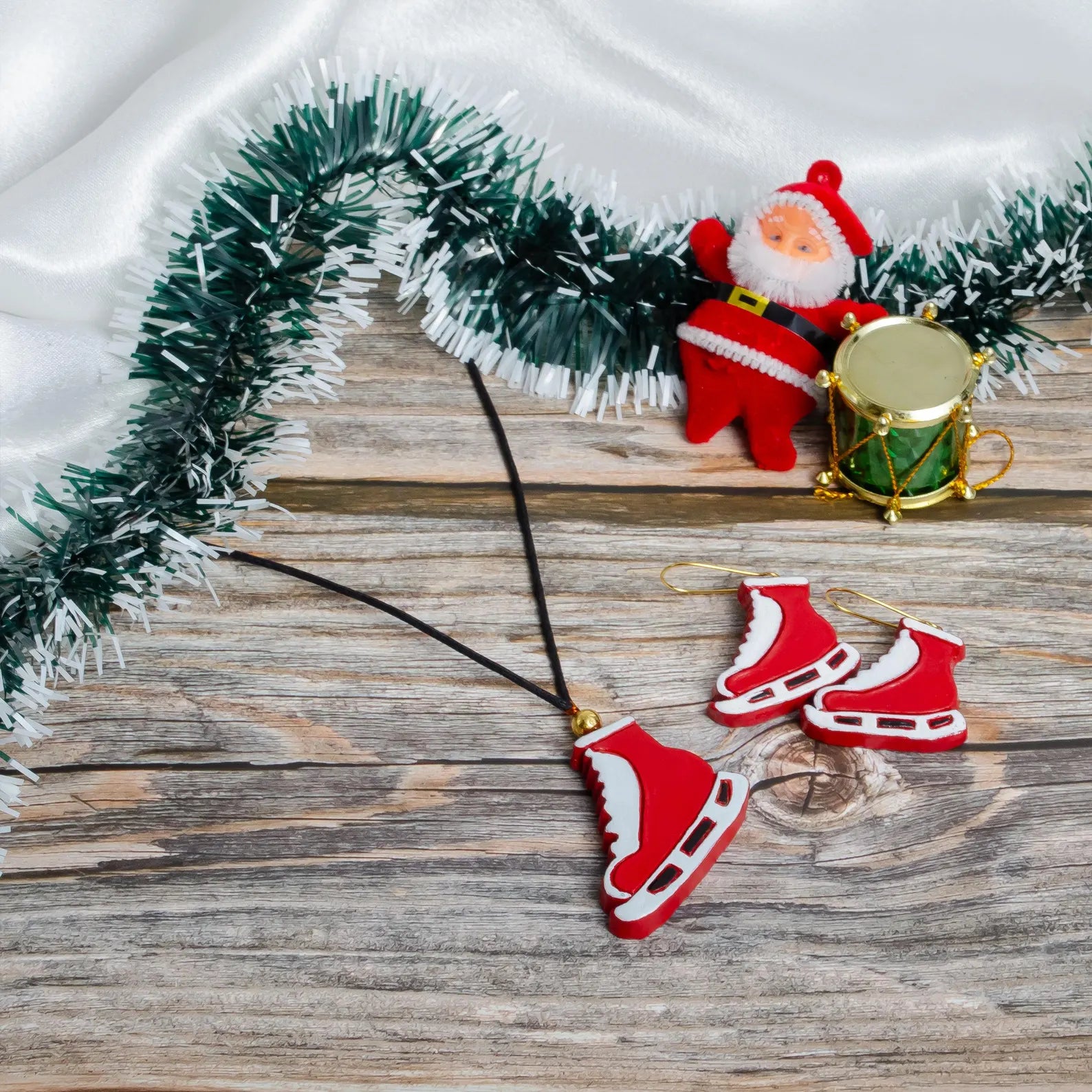 Christmas Skating Clay Jewelry Set: Earrings & Necklace