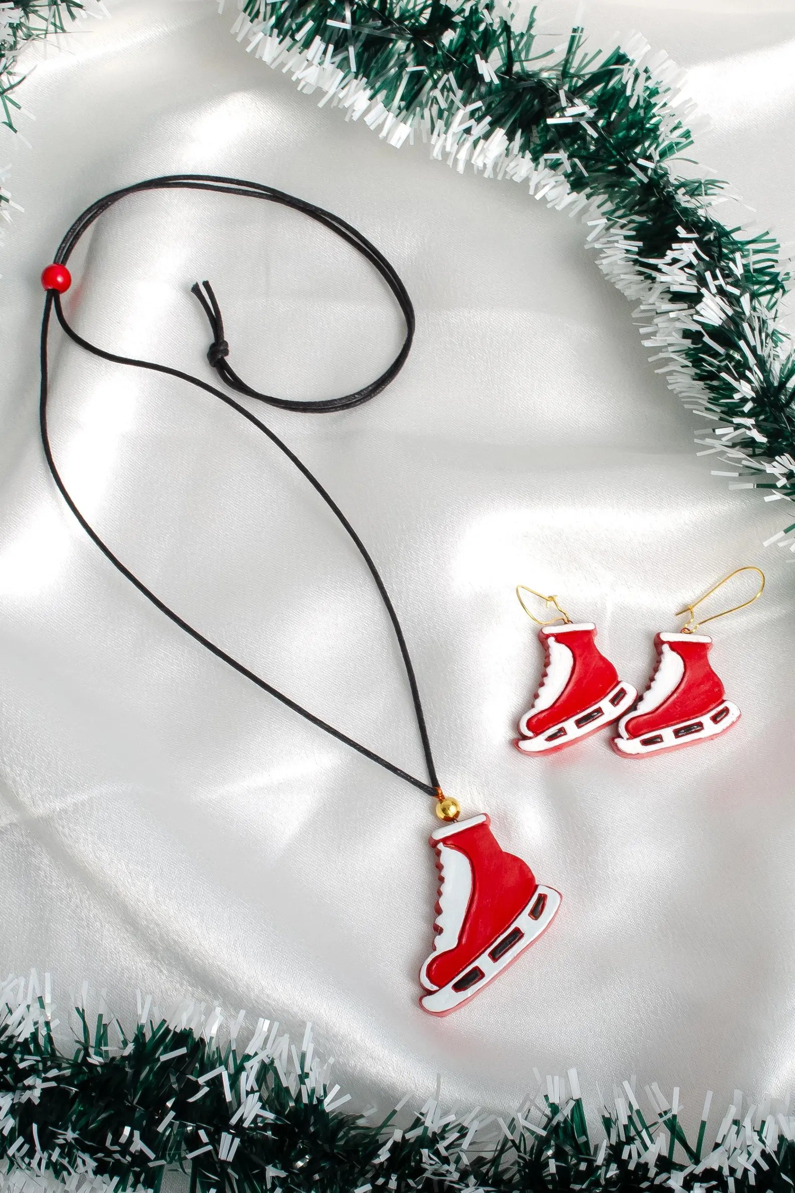 Christmas Skating Clay Jewelry Set: Earrings & Necklace