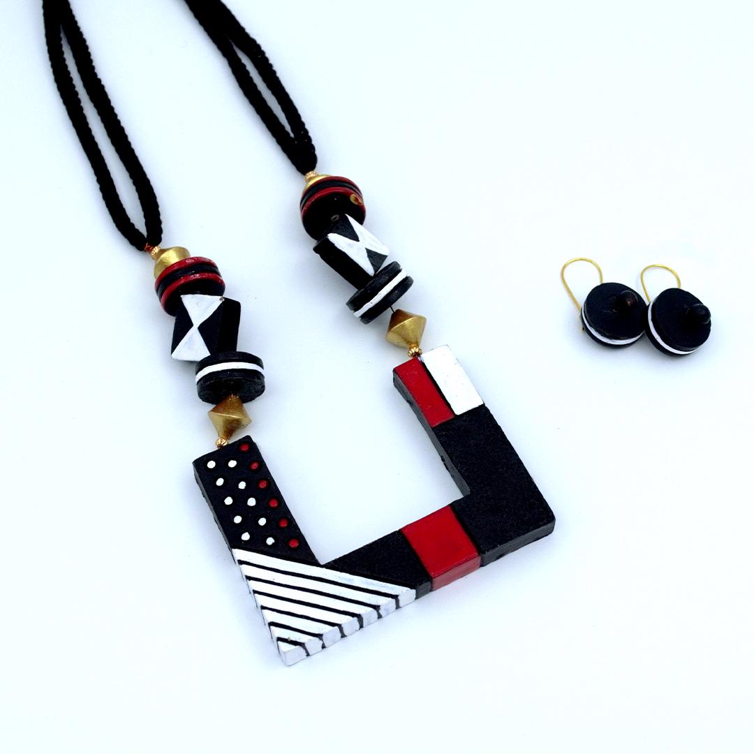 Black Geometric Terracotta Set  Boho Dangle Earrings  Handmade Geometric Jewelry