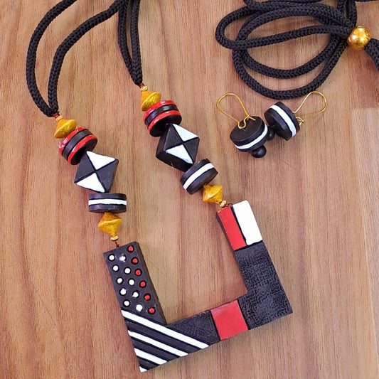 Black Geometric Terracotta Set  Boho Dangle Earrings  Handmade Geometric Jewelry