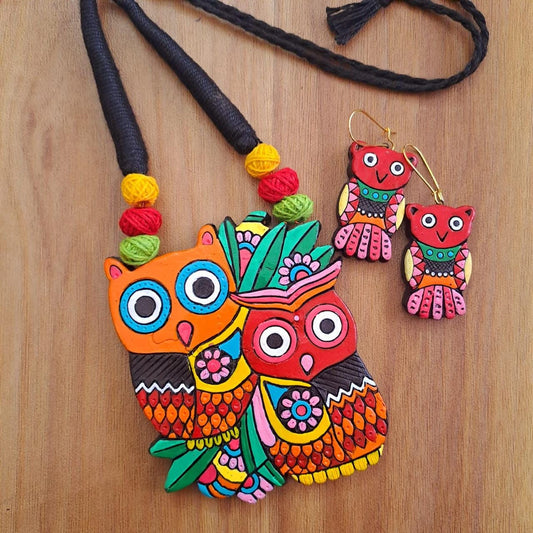 Mr. Owl and Mrs. Owl Necklace  Handmade Terracotta Jewelry  Nature Leaf Statement Earrings  Dainty Earrings