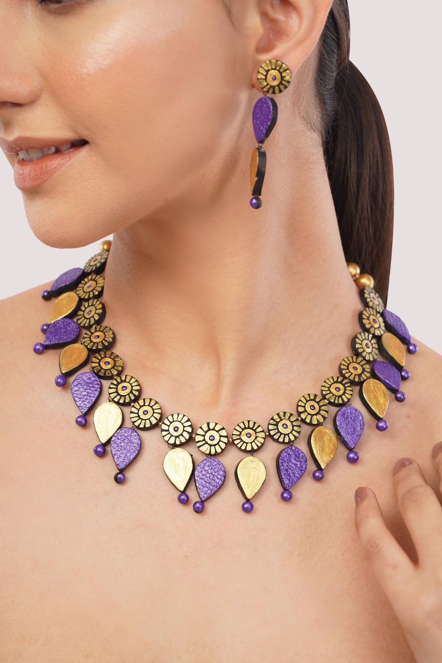 Purple And  Golden Clay Jewelry Set  Minimalist Necklace And Boho Dangle Earrings  Aesthetic Jewelry