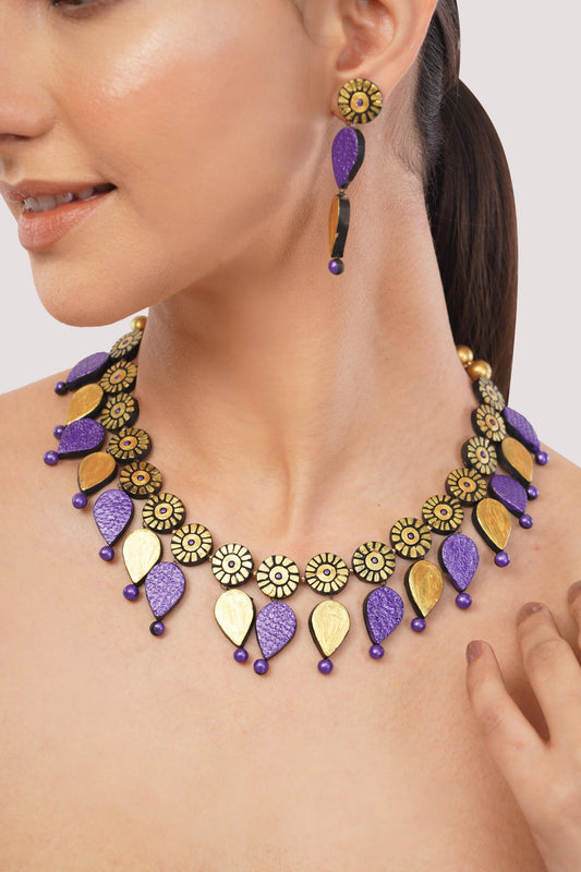 Purple And  Golden Clay Jewelry Set  Minimalist Necklace And Boho Dangle Earrings  Aesthetic Jewelry