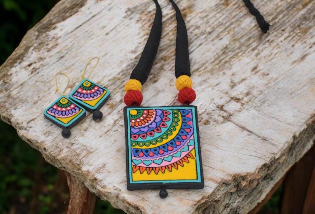 Multi color Square Necklace  Nature-Inspired Art De co Jewelry  Handmade Jewelry with Lightweight Earrings