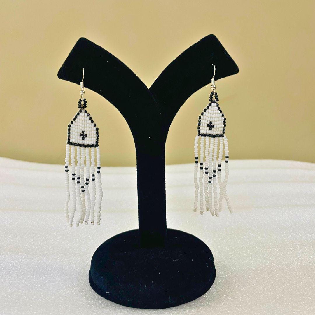 White Beaded Fringe Earring And Necklace Set Boho Beaded Handmade Earring Dangle Beaded Necklace For Gift For Her Birthday Necklace Woman