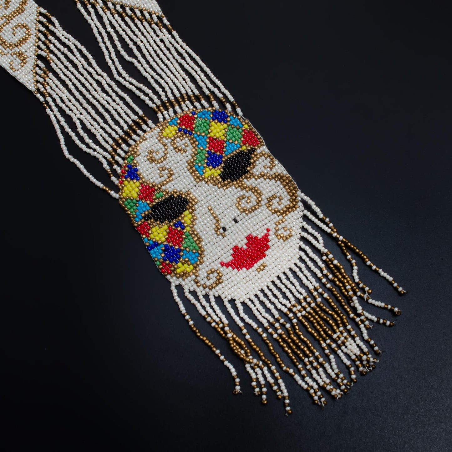 White Beaded Necklace with Abstract Woman Face Design  Multicolor Woven Seed Bead Hippie Necklace  Wedding Jewelry