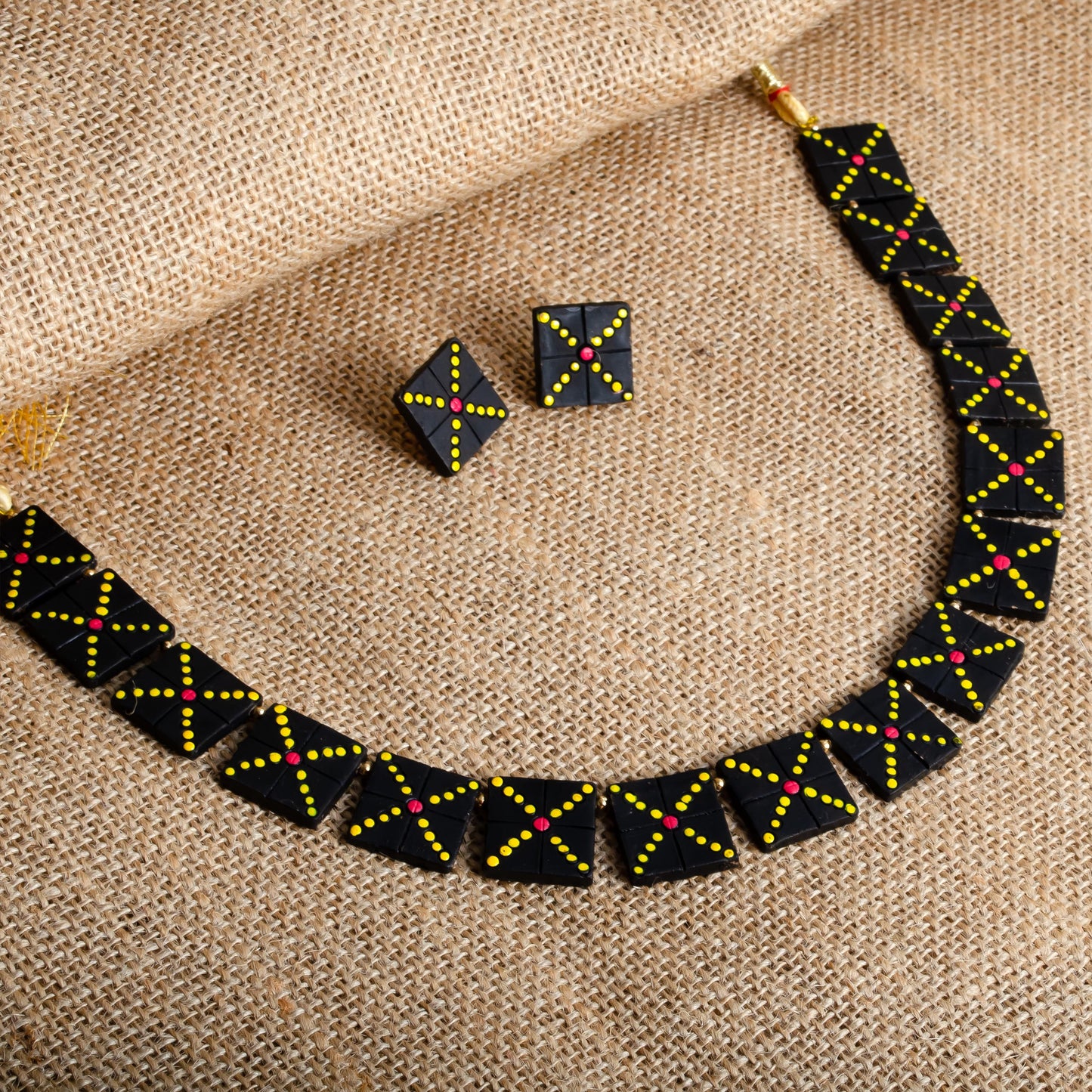 Black Clay Jewelry with Golden Dots  Geometric Design  Handmade Jewelry  Minimalist Necklace  Statement Earrings  Gifts for Her