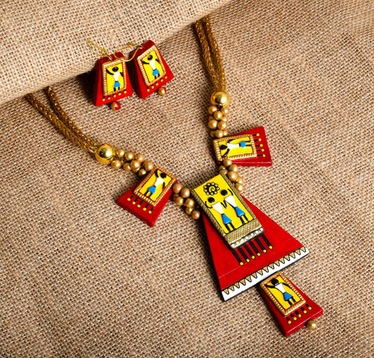 Red Clay Jewelry Set with Tribal Design  Handmade Jewelry  Statement Earrings  Gifts for Her