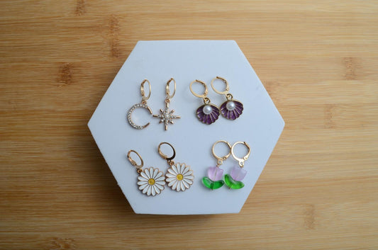 Set of 4  Clay Earrings – Handcrafted Flower And Circle Earrings | Everyday Earrings for Nature Lovers | Dainty Earring