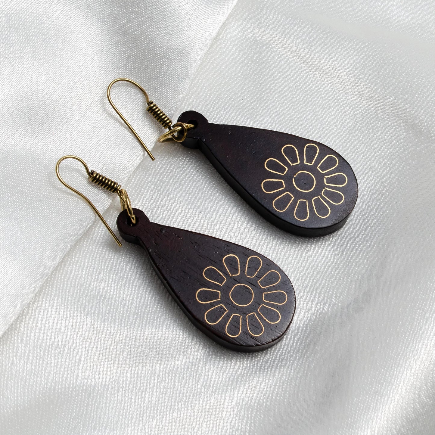 Tear Drop Sunflower Inlaid Wooden Earrings  Everyday Lightweight Earrings