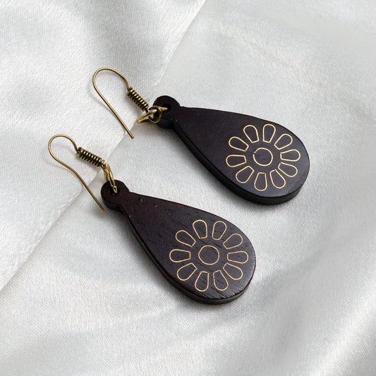 Tear Drop Sunflower Inlaid Wooden Earrings  Everyday Lightweight Earrings