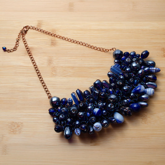 Handmade Blue Beaded Necklace  Glass  Seed Bead Tassel Necklace  Folk Jewelry  Gift for Her