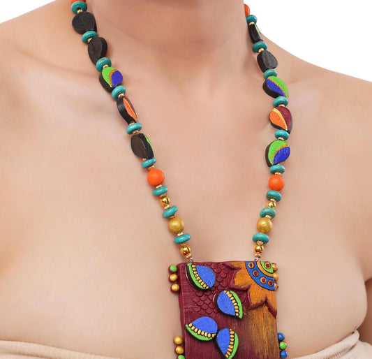 African Tribal Inspired Necklace with Earrings Unique Design Long Necklace Hand Painted Clay Jewelry  Dual Color Earring Terracotta Set
