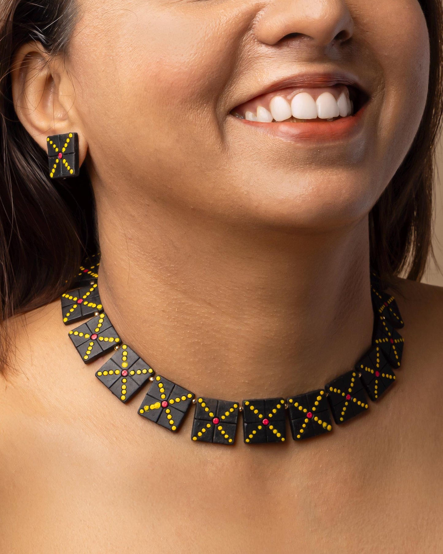 Black Clay Jewelry with Golden Dots  Geometric Design  Handmade Jewelry  Minimalist Necklace  Statement Earrings  Gifts for Her