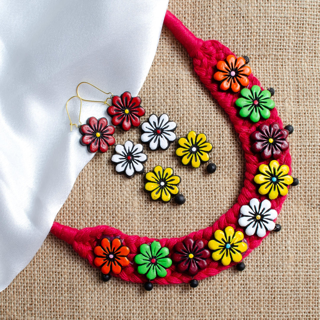 Red Terracotta Forget Me Not Flower Earrings  Adjustable Necklace  Unique Multicolor Jewelry
