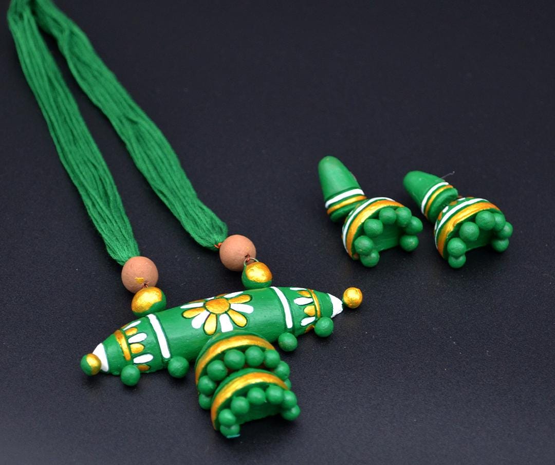 Earthen Clay Green And Blue Tribe Design Set  Small Cute Clay Earrings  Fancy Earrings for Everyday Style
