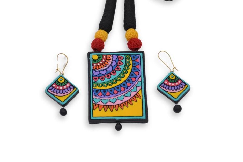 Multi color Square Necklace  Nature-Inspired Art De co Jewelry  Handmade Jewelry with Lightweight Earrings