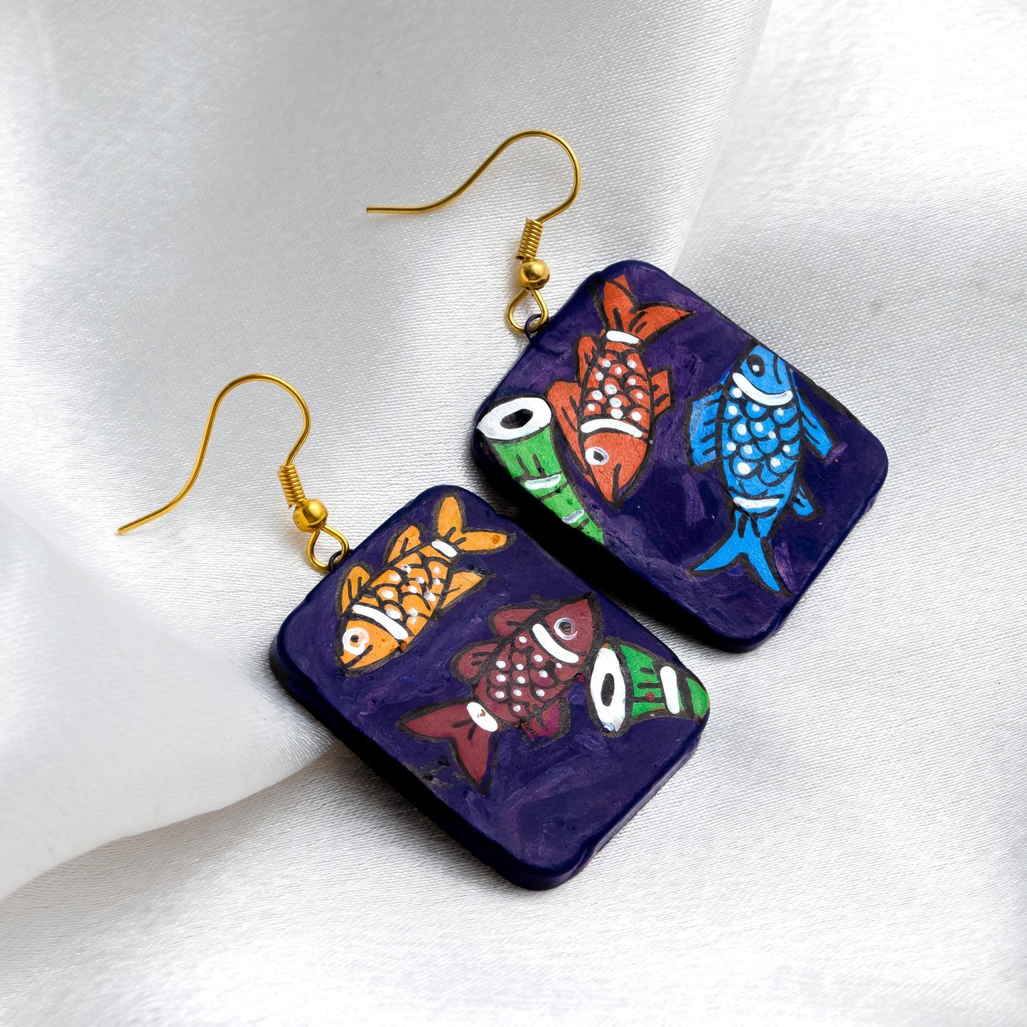 Square Clay Jewelry Set with Fish Design  Unique Dangling Earrings  Gifts for Women