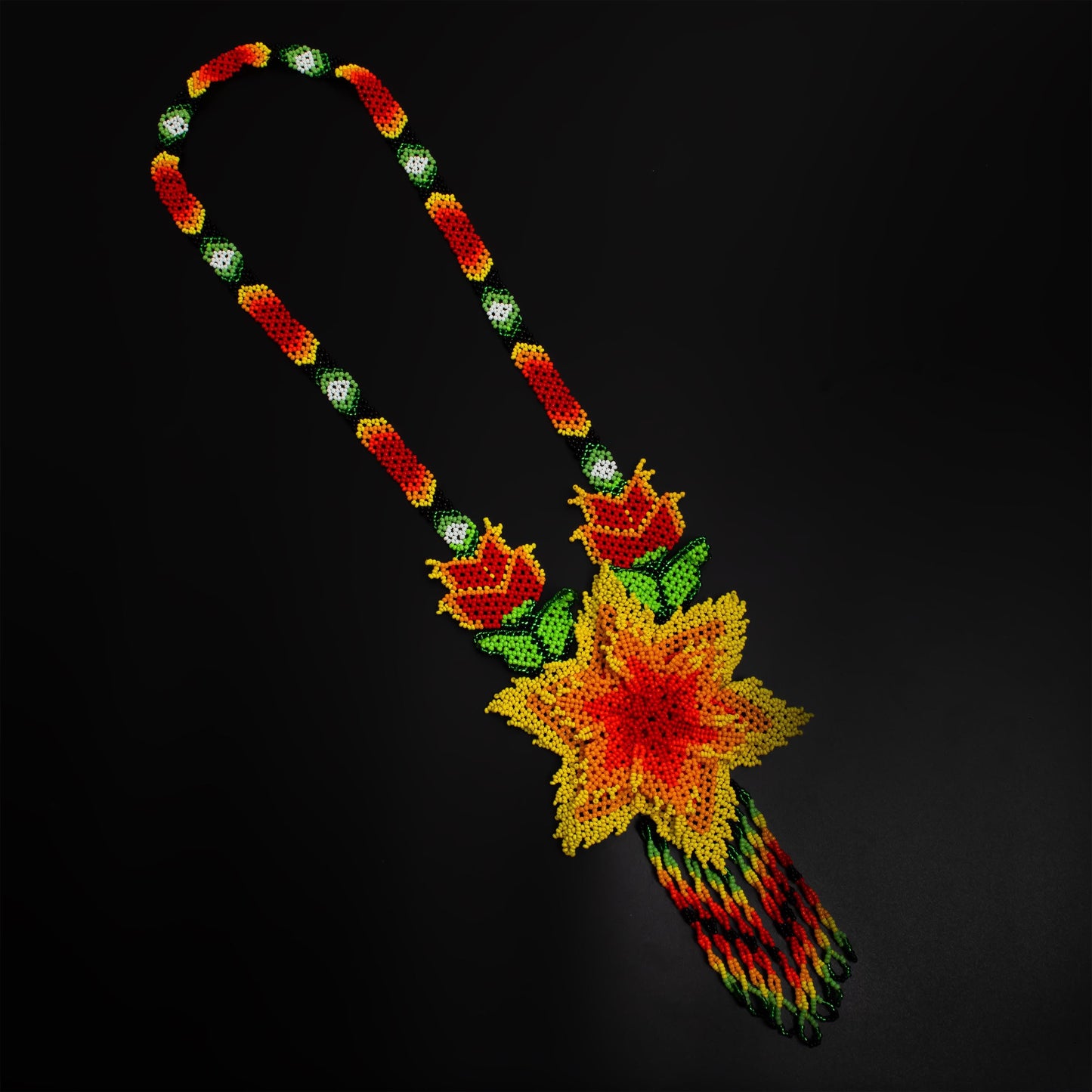 Multicolor Flower Native American Style Beaded Statement Necklace with Fringe Earrings  Flower Necklace