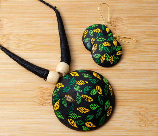Mystical Leaf Earrings on Black Base  Green  Yellow Leaf Design  Handmade Jewelry  Unique Gift for Her  Hypo allergic Jewelry Set