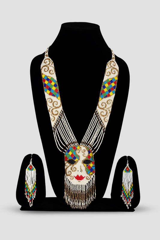 White Beaded Necklace with Abstract Woman Face Design  Multicolor Woven Seed Bead Hippie Necklace  Wedding Jewelry