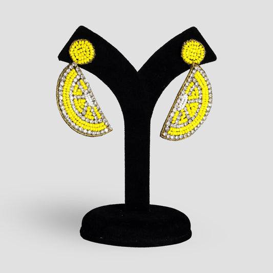 Yellow Lemon Beaded Embroidered Earrings  Boho Statement Jewelry  Unique Gift for Her