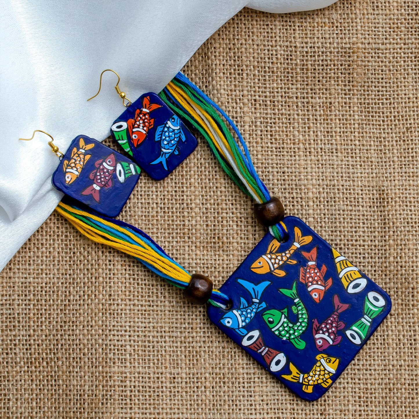 Square Clay Jewelry Set with Fish Design  Unique Dangling Earrings  Gifts for Women