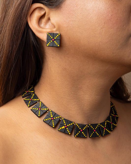 Black Clay Jewelry with Golden Dots  Geometric Design  Handmade Jewelry  Minimalist Necklace  Statement Earrings  Gifts for Her