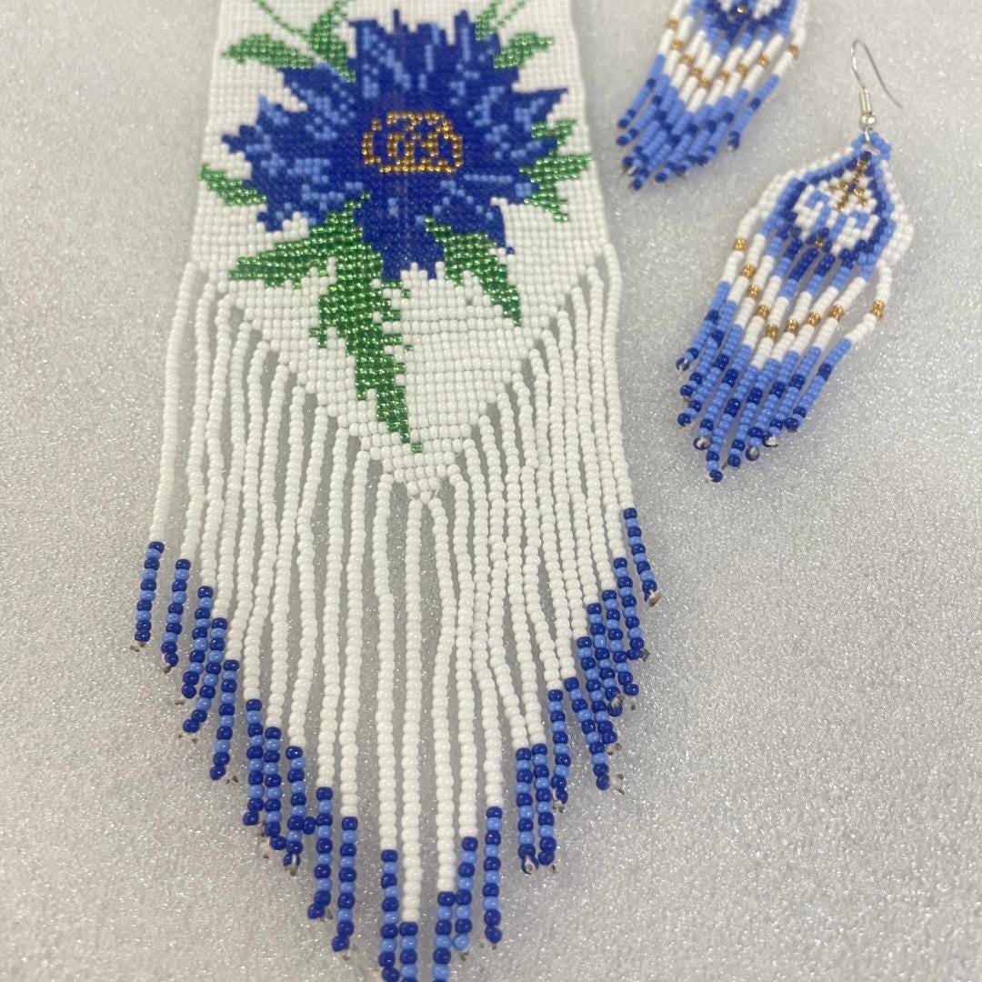 White Floral Beaded Floral Necklace Delicate Flower Necklace Seedbead Hoop Earring Dangle Set Necklace Earring For Women Unique Gift