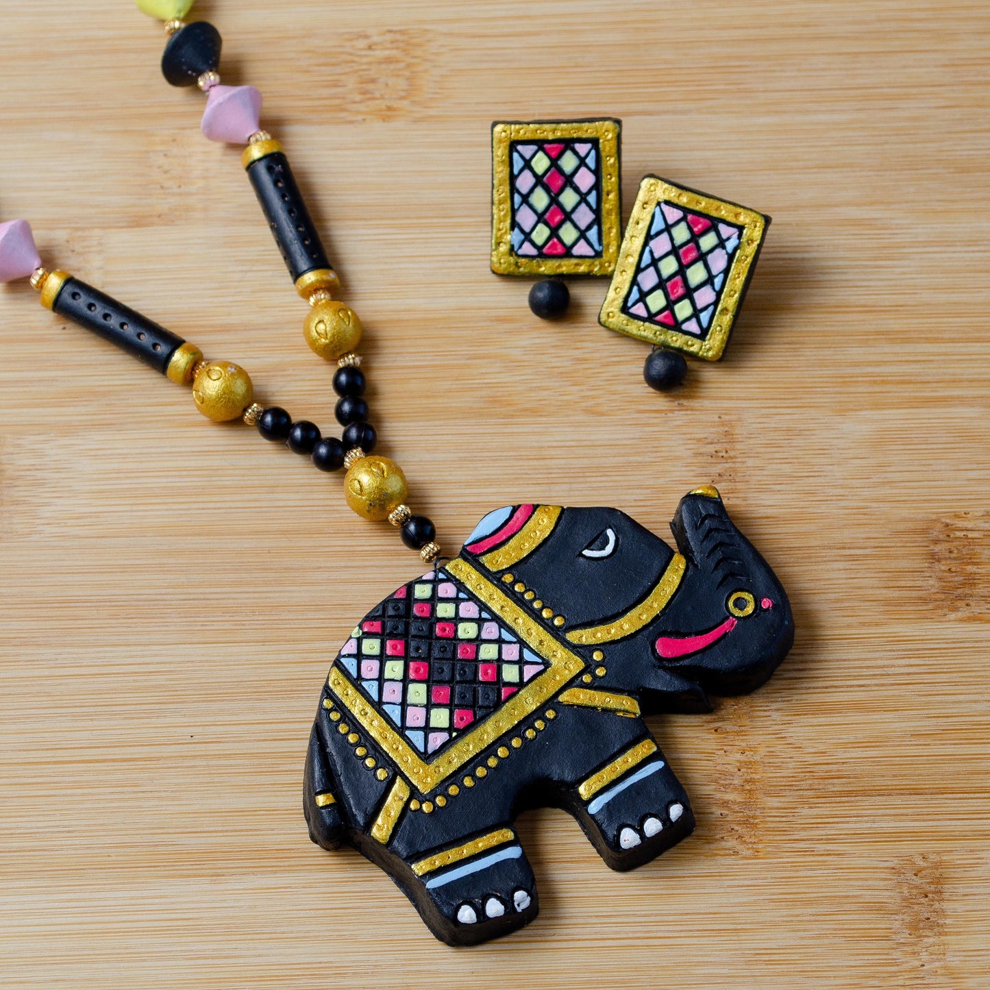 Black Clay Necklace And Baby Elephant Design  Aesthetic Jewelry Set  Statement Earrings  Handmade Clay Necklace