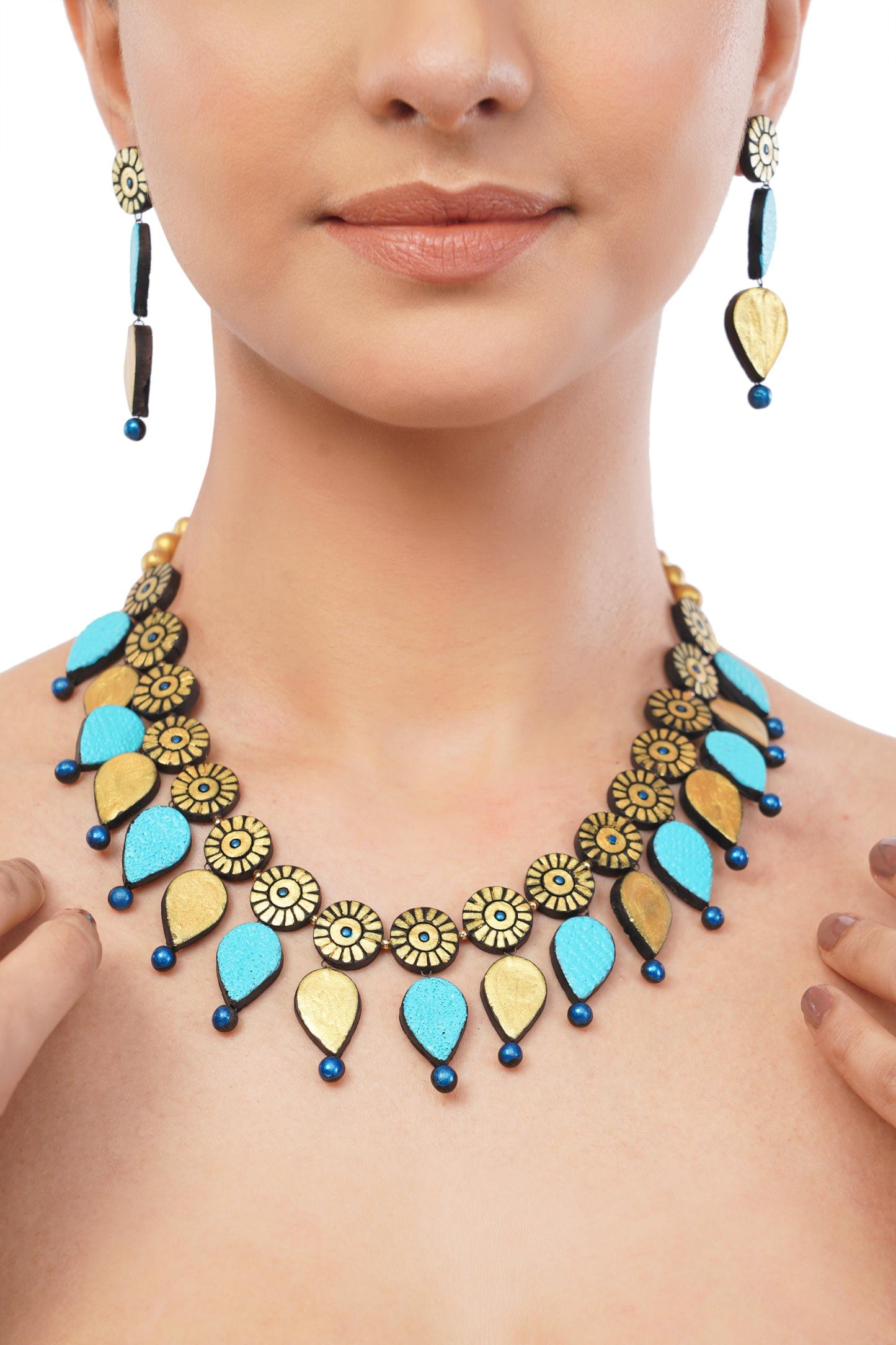 Blue And Golden Clay Jewelry Set  Minimalist Necklace And Dangling Earrings  Gift for Her