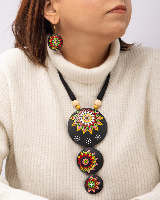Black Long Necklace  Dark Forest Flower Design  Terracotta Jewelry Fall Leaf Earrings Dark Cottagecore Style