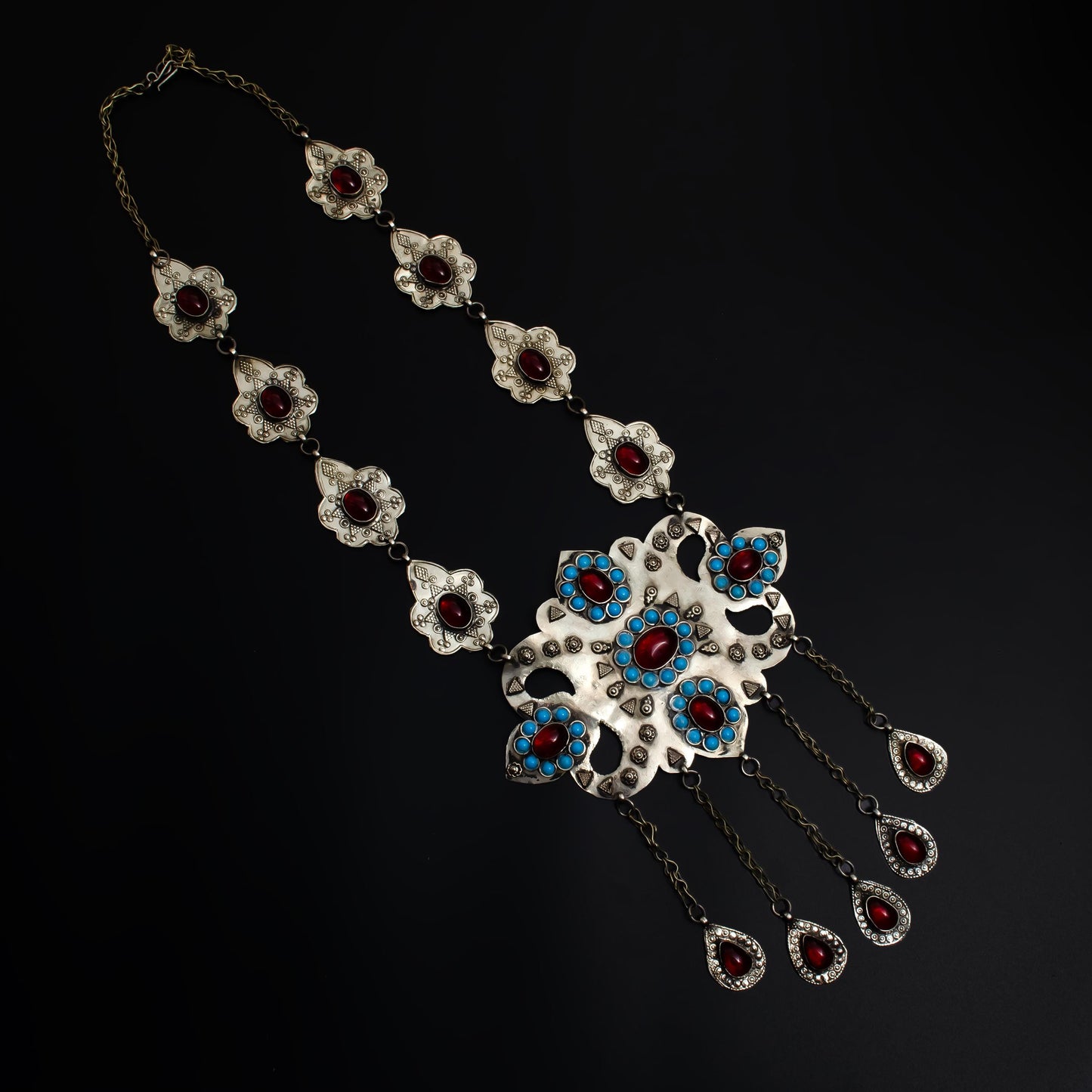 Afghan Long Necklace with Red Stone  Tassels  Bohemian Kuchi Tribal Necklace