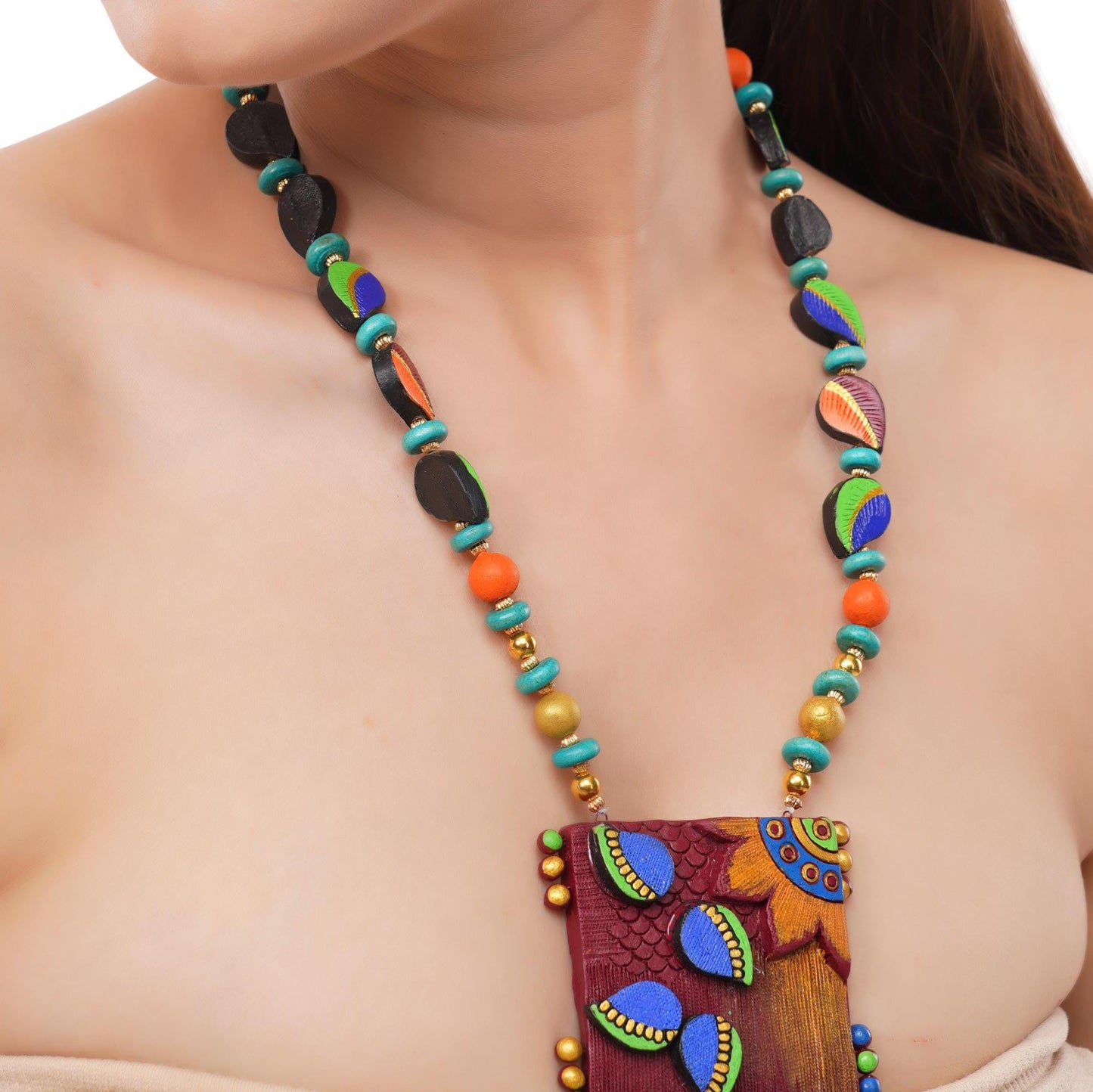 African Tribal Inspired Necklace with Earrings Unique Design Long Necklace Hand Painted Clay Jewelry  Dual Color Earring Terracotta Set