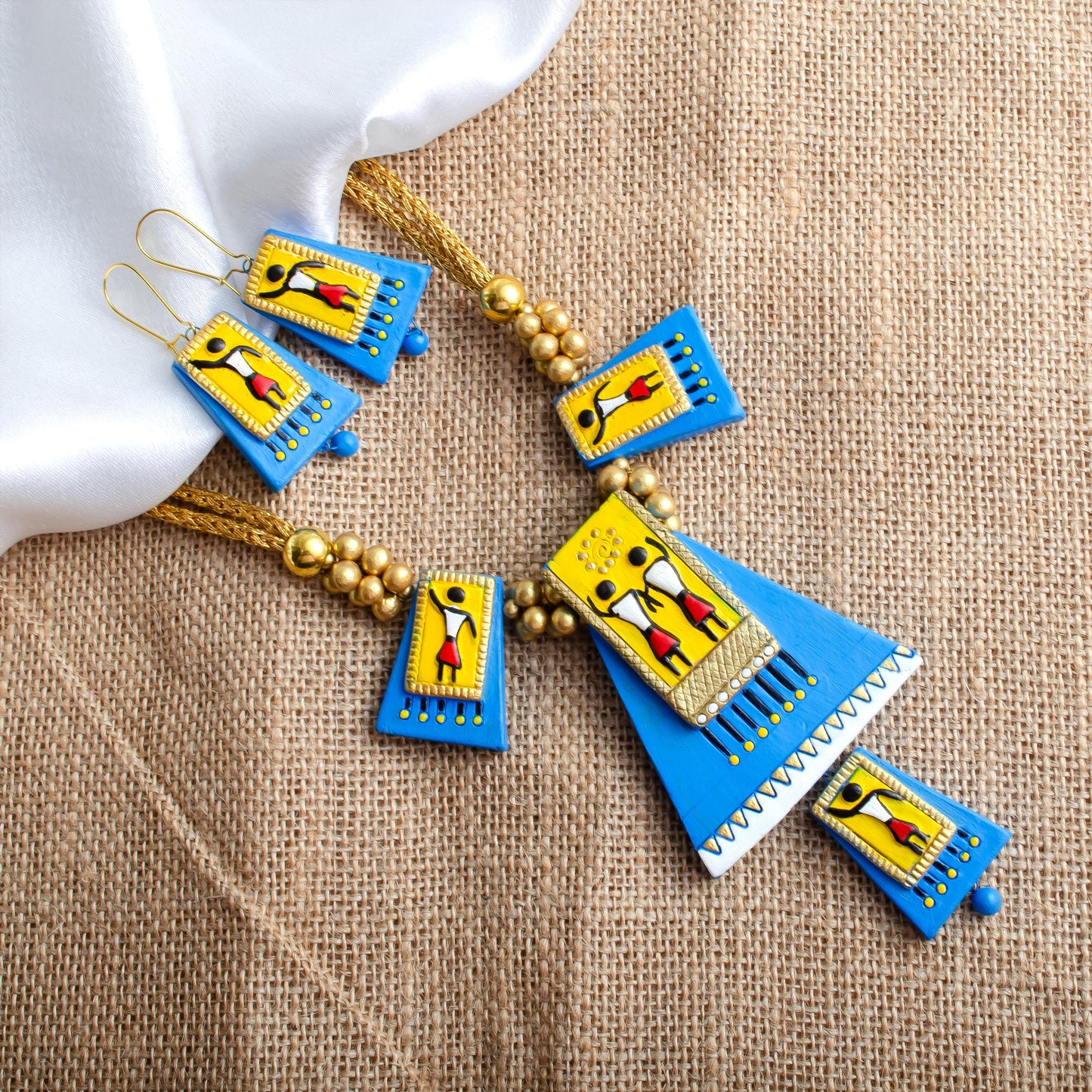 Blue Trapezoid Clay Necklace  Cute Earrings  Tribal Inspired Handcrafted Jewelry  Gifts for Her
